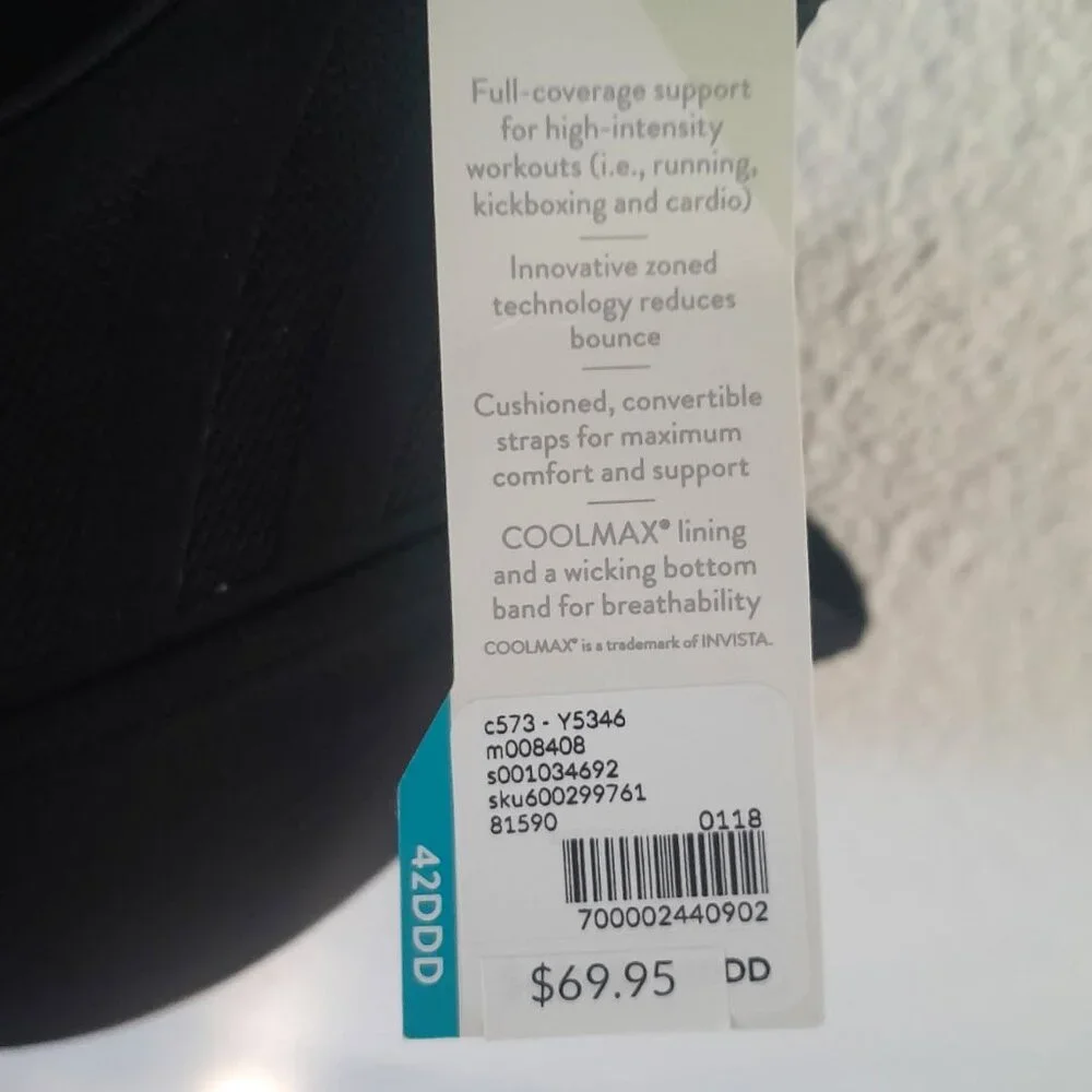 LIVI Sports Bra Convertible Max Support Underwire High Impact 42DDD Black NWT